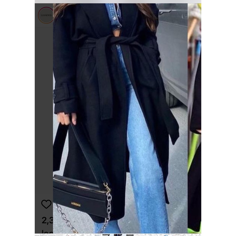 Coat w/shawl collar, belted navy coat. Similar to pictures of person wearing.